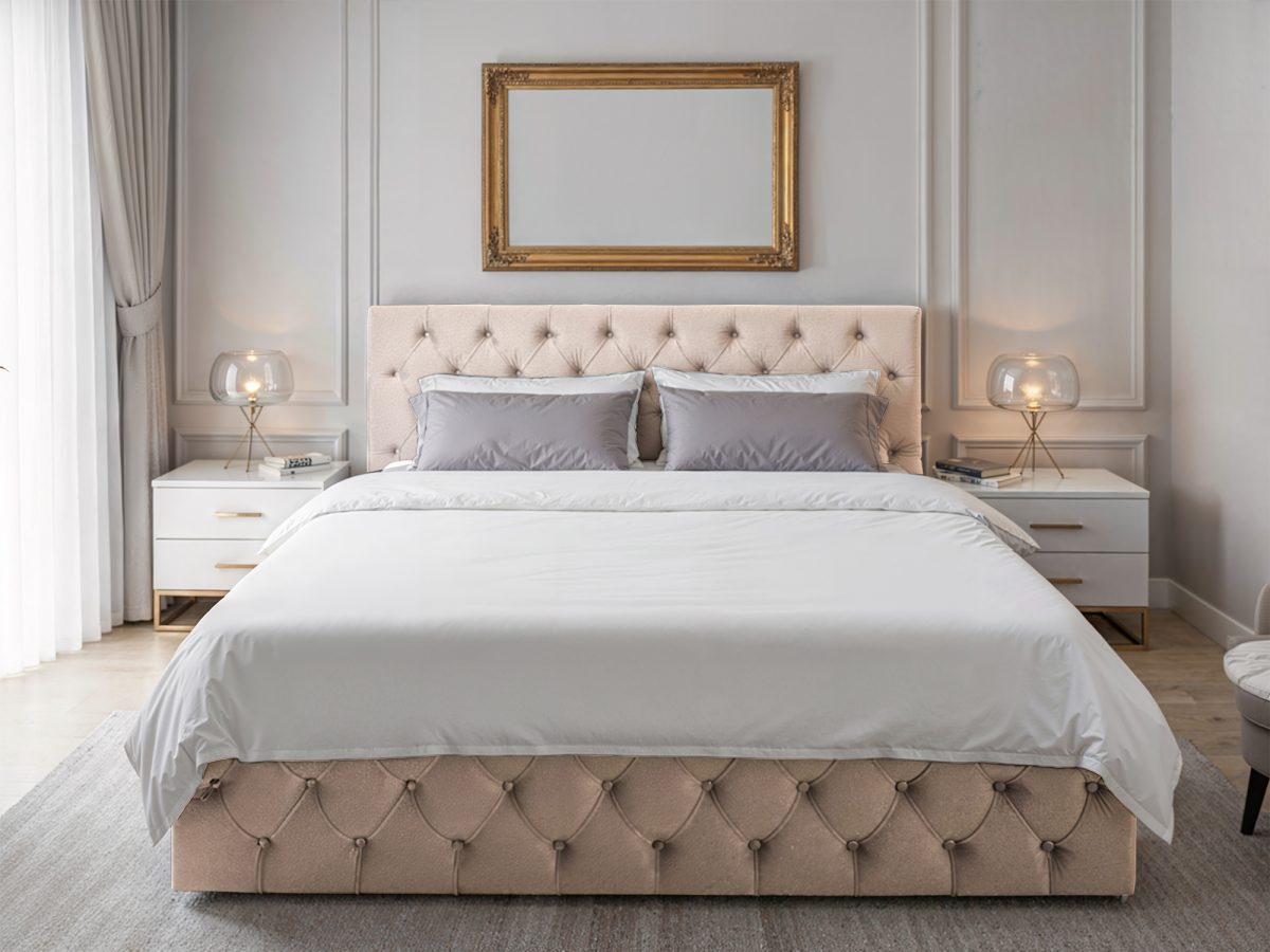 Lit rembourré MADRYT 200 × 200 cm avec espace de rangement – sans matelas (Beige)
