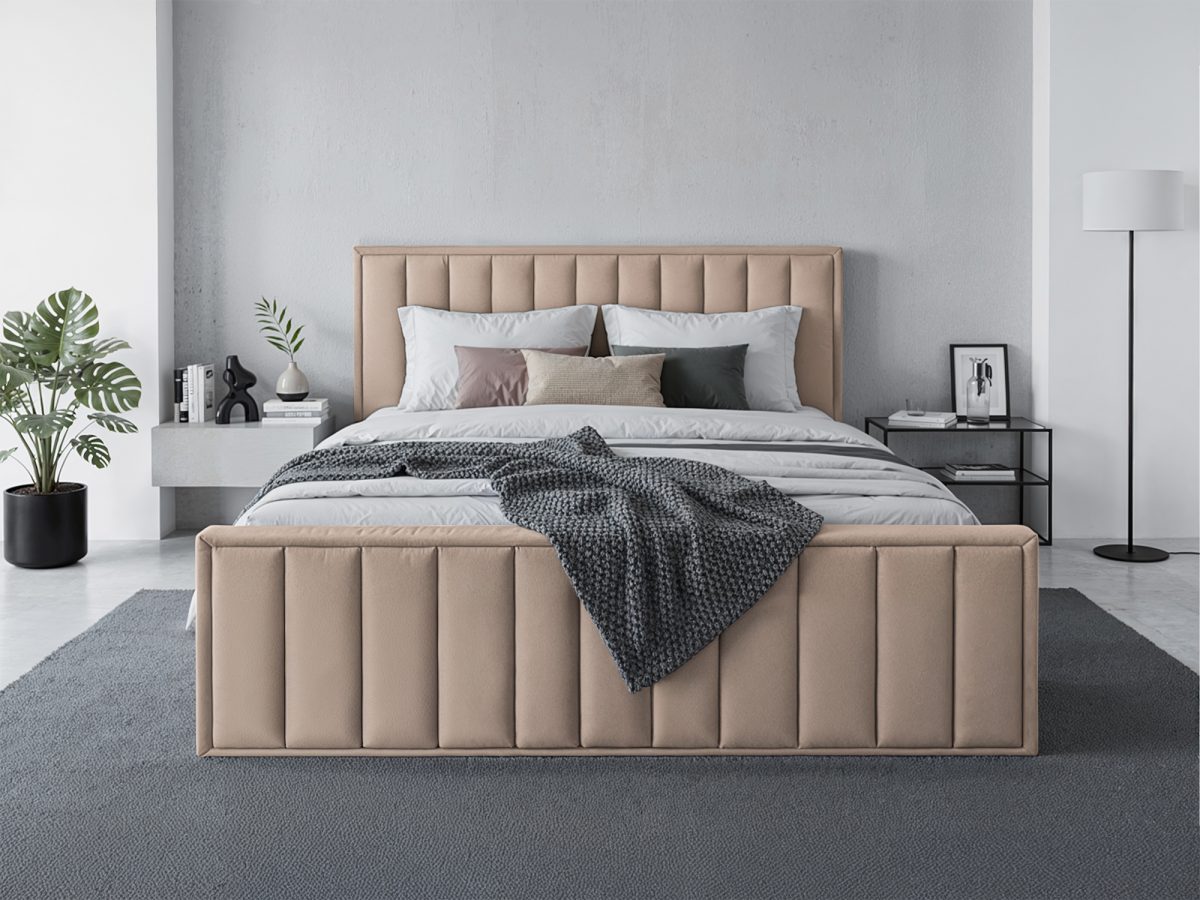 Lit rembourré MALAGA 200 × 200 cm avec espace de rangement – sans matelas (Beige)
