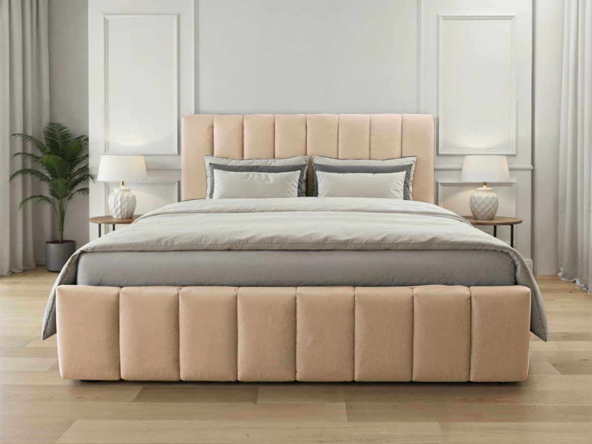 Lit rembourré MODENA 200 x 200 cm avec rangement – sans matelas (Beige)