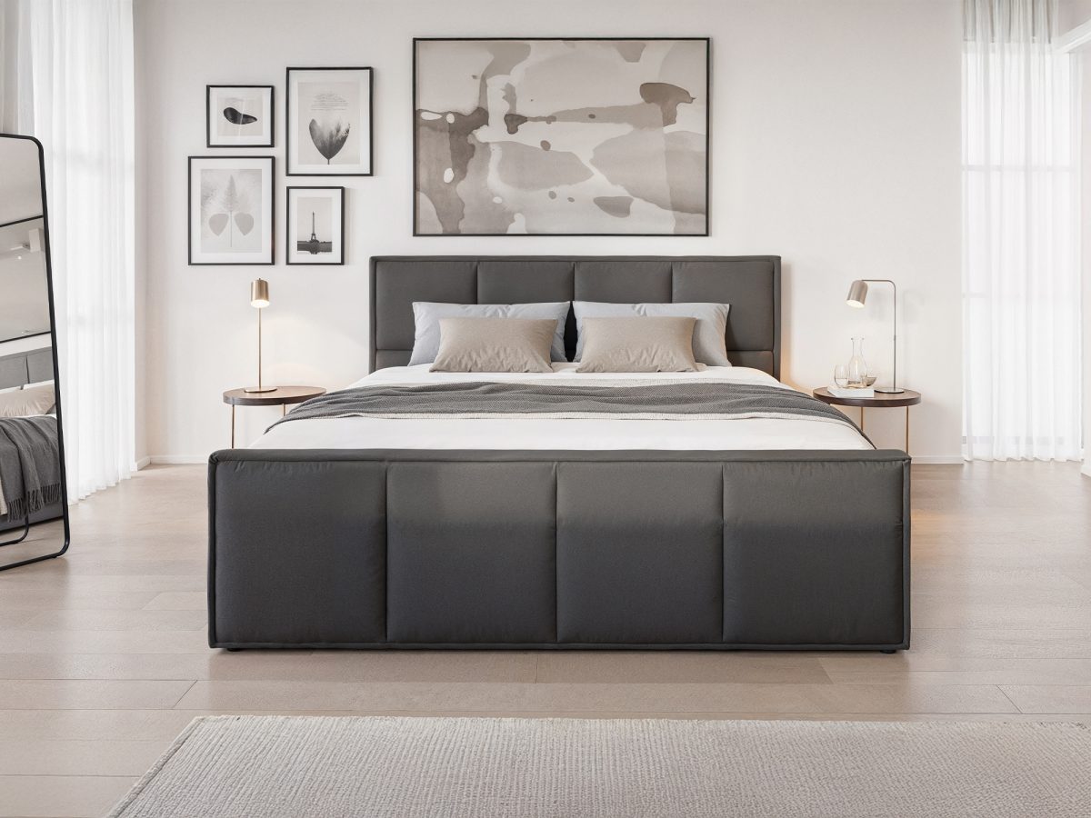 Lit rembourré PARIS 200 x 200 cm avec rangement – sans matelas (Gris foncé)