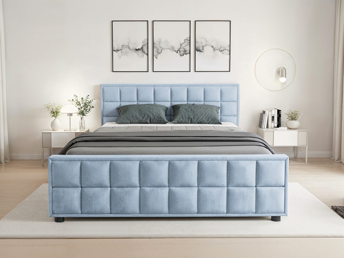 Lit rembourré MONACO 200 × 200 cm avec espace de rangement – sans matelas (Bleu)