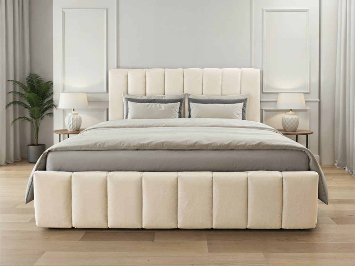 Lit rembourré MODENA 200 x 200 cm avec rangement – sans matelas (Crème)