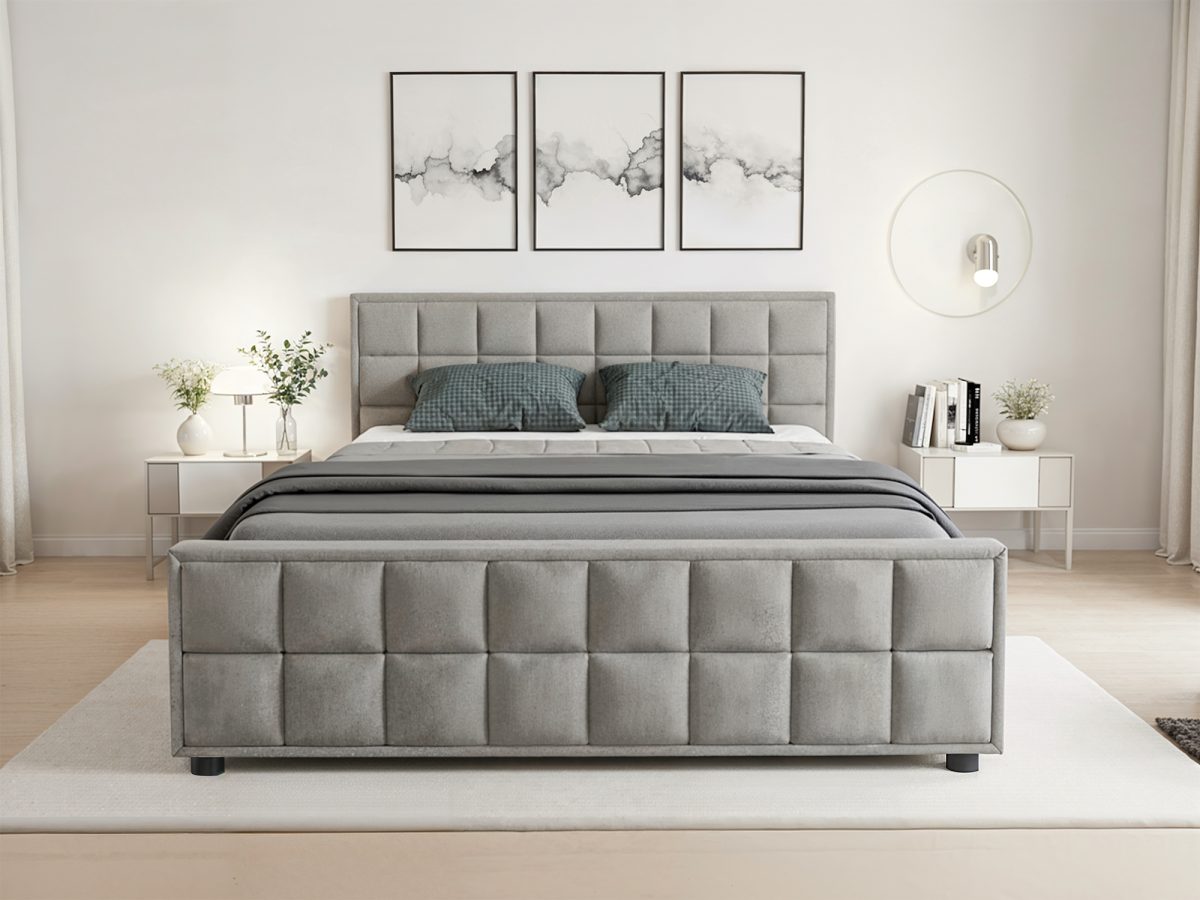 Lit rembourré MONACO 200 × 200 cm avec espace de rangement – sans matelas (Gris clair)