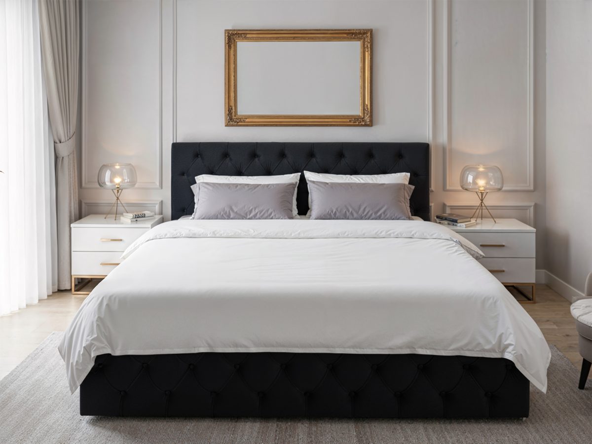 Lit rembourré MADRYT 200 × 200 cm avec espace de rangement – sans matelas (Noir)