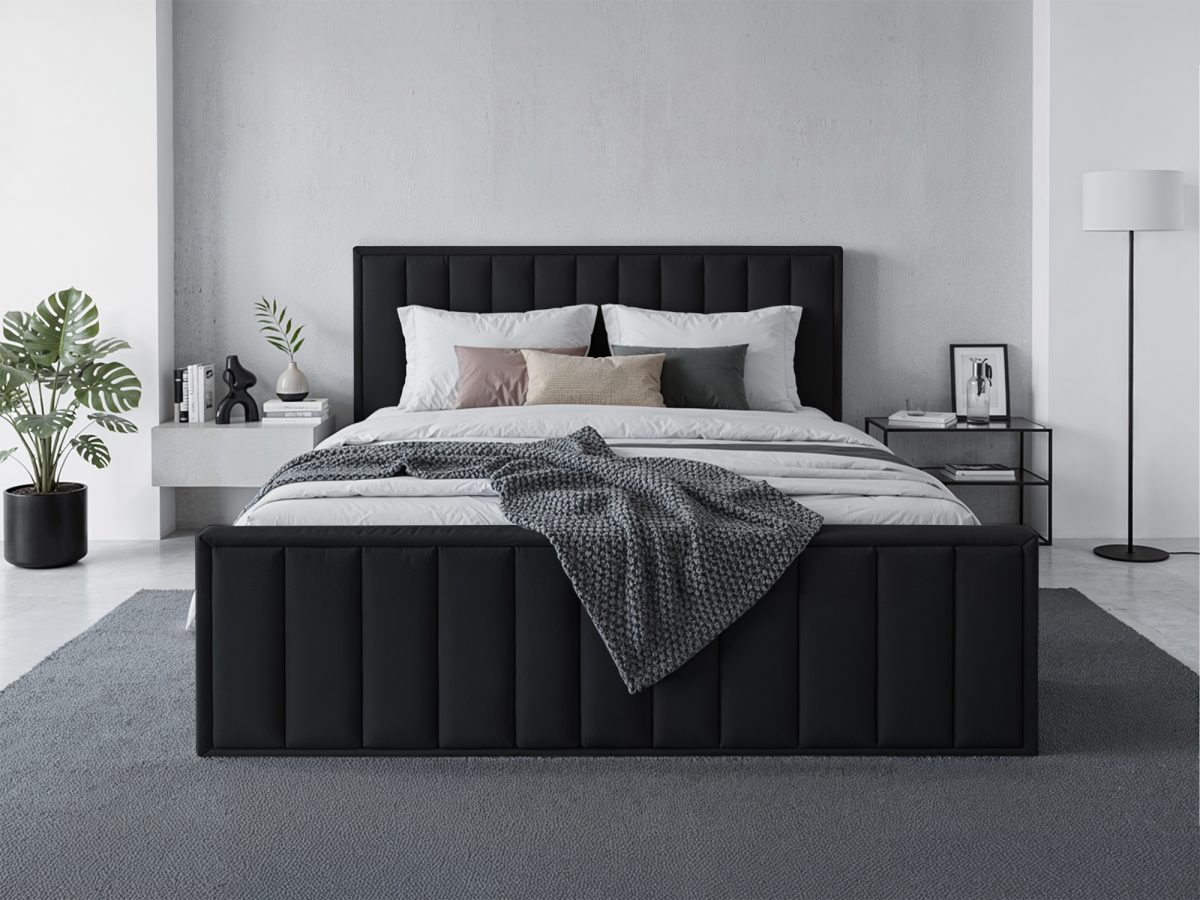 Lit rembourré MALAGA 200 × 200 cm avec espace de rangement – sans matelas (Noir)