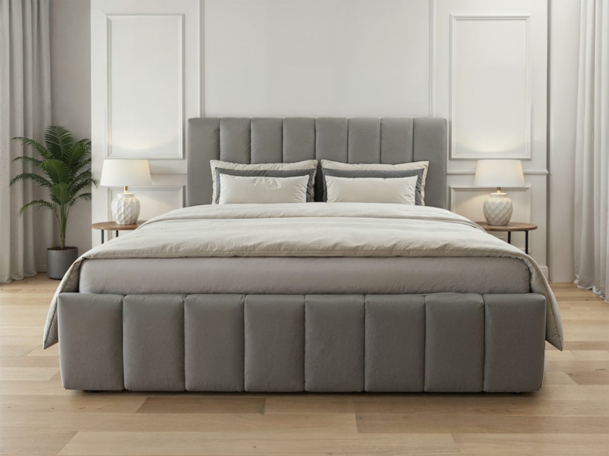 Lit rembourré MODENA 200 x 200 cm avec rangement – sans matelas (Gris clair)