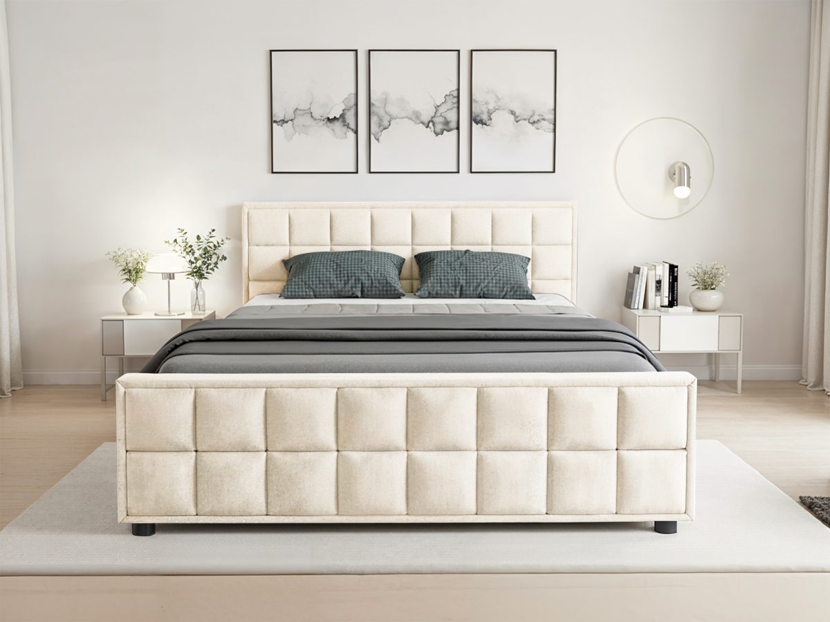 Lit rembourré MONACO 200 × 200 cm avec espace de rangement – sans matelas (Crème)