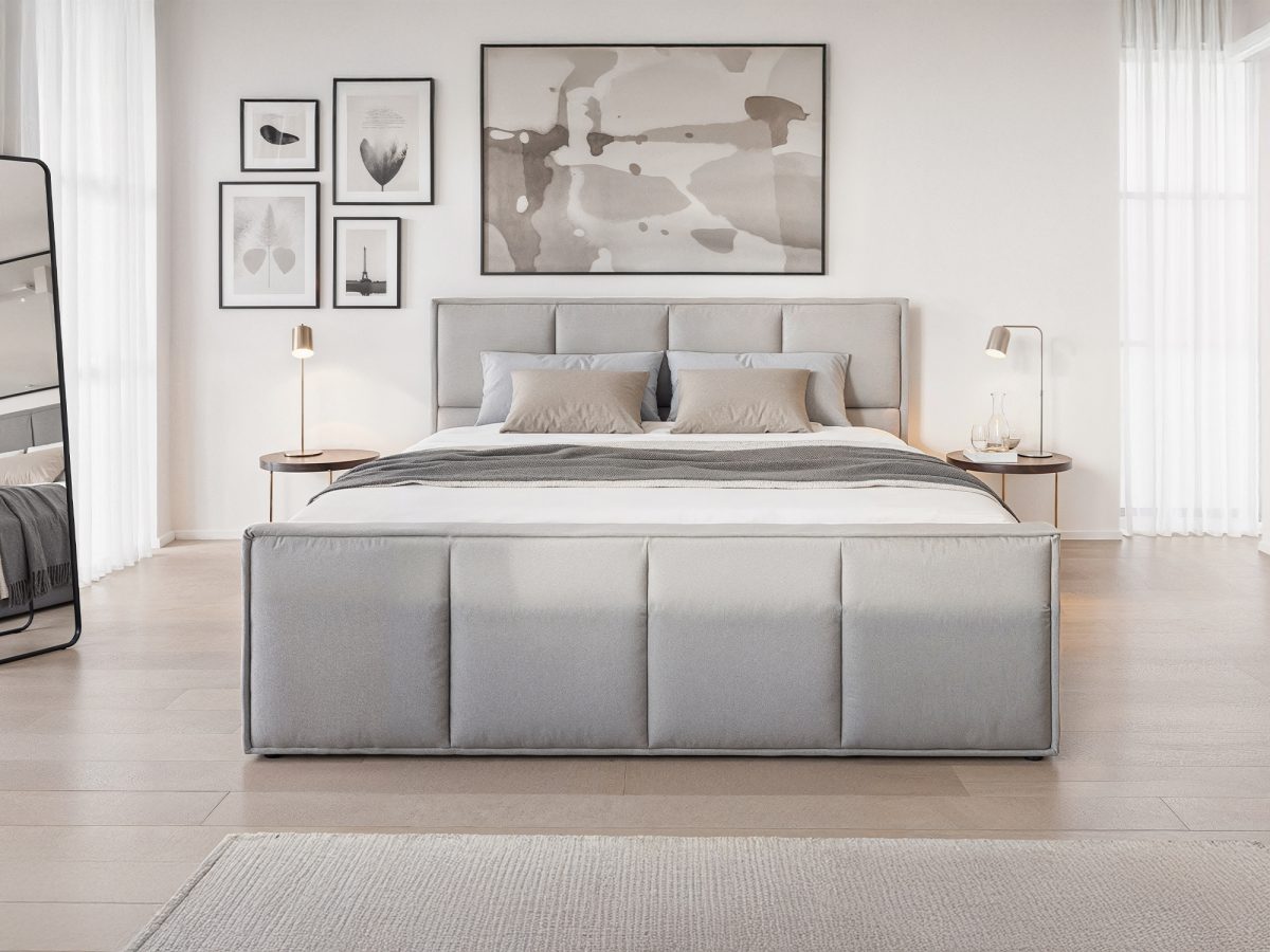 Lit rembourré PARIS 200 x 200 cm avec rangement – sans matelas (Gris clair)