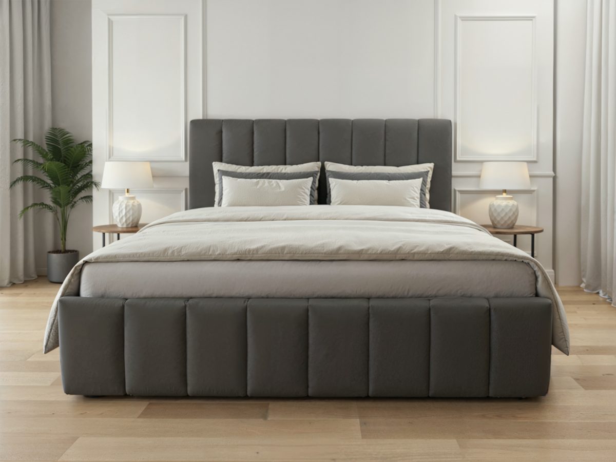 Lit rembourré MODENA 200 x 200 cm avec rangement – sans matelas (Gris)