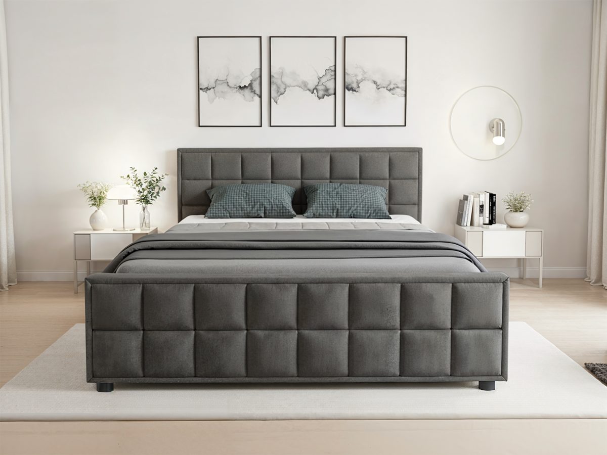 Lit rembourré MONACO 200 × 200 cm avec espace de rangement – sans matelas (Gris)