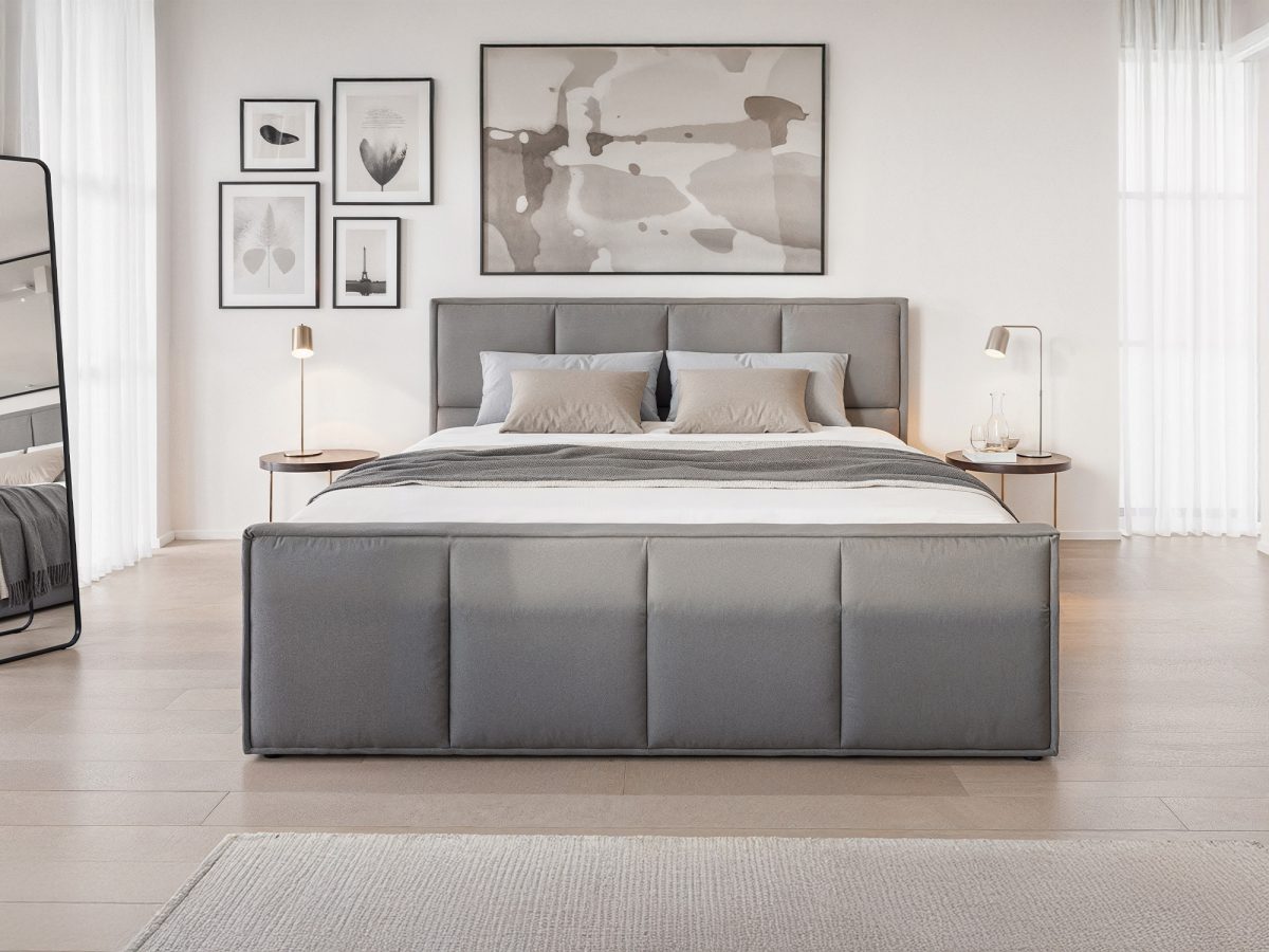 Lit rembourré PARIS 200 x 200 cm avec rangement – sans matelas (Gris)